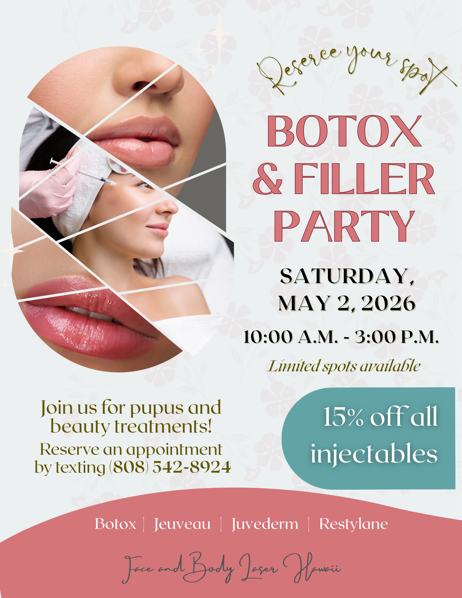 Botox Party Example 15% off - Botox & Filler Party on May 2, 2026 - Face and Body Laser
